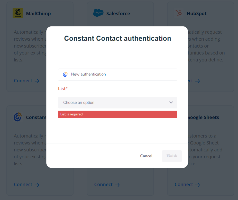 Dashboard Integrations - Constant Contact